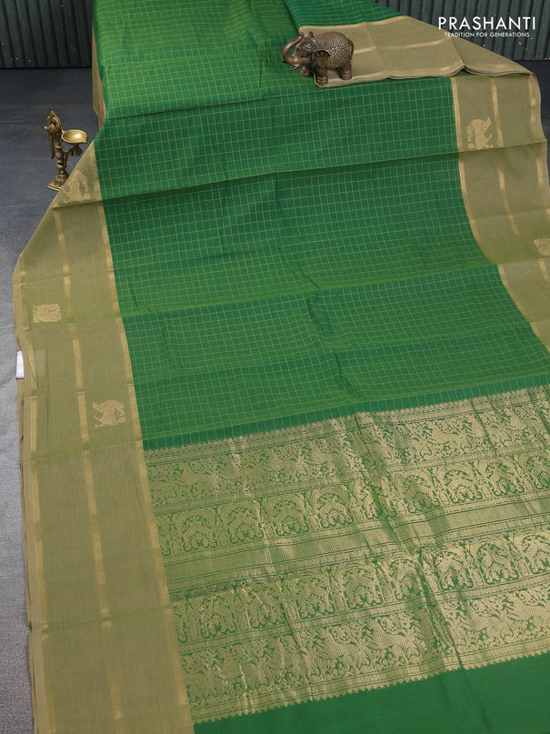 Kanchi cotton saree green and elaichi green with allover thread woven checked pattern and long zari woven butta border