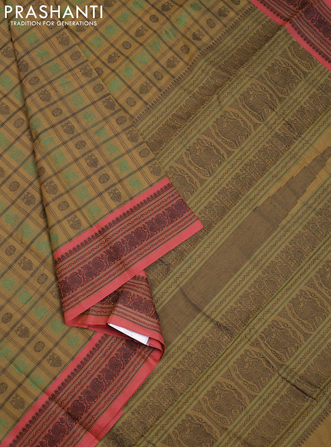 Kanchi cotton saree military green and dual shade of pink with allover checked pattern & buttas and thread woven border