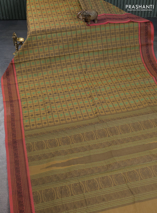 Kanchi cotton saree military green and dual shade of pink with allover checked pattern & buttas and thread woven border