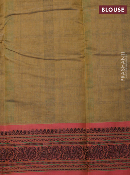 Kanchi cotton saree military green and dual shade of pink with allover checked pattern & buttas and thread woven border