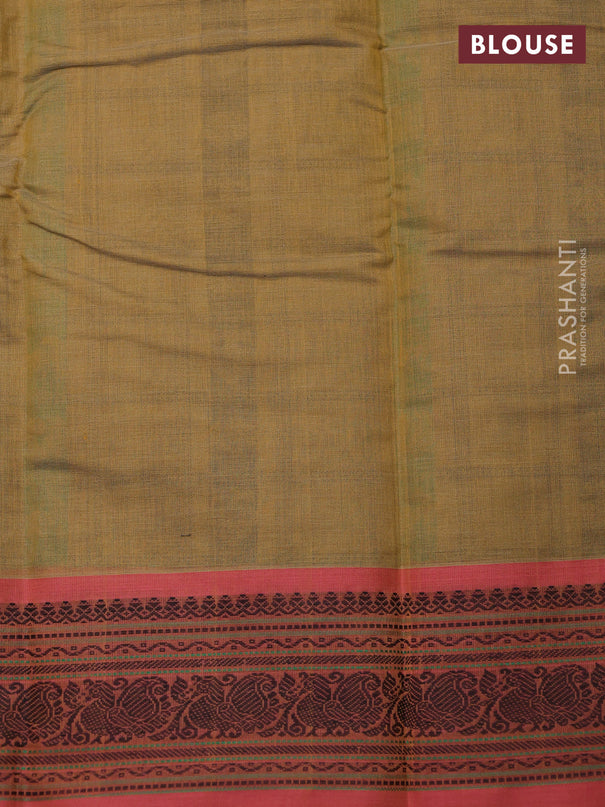 Kanchi cotton saree military green and dual shade of pink with allover checked pattern & buttas and thread woven border