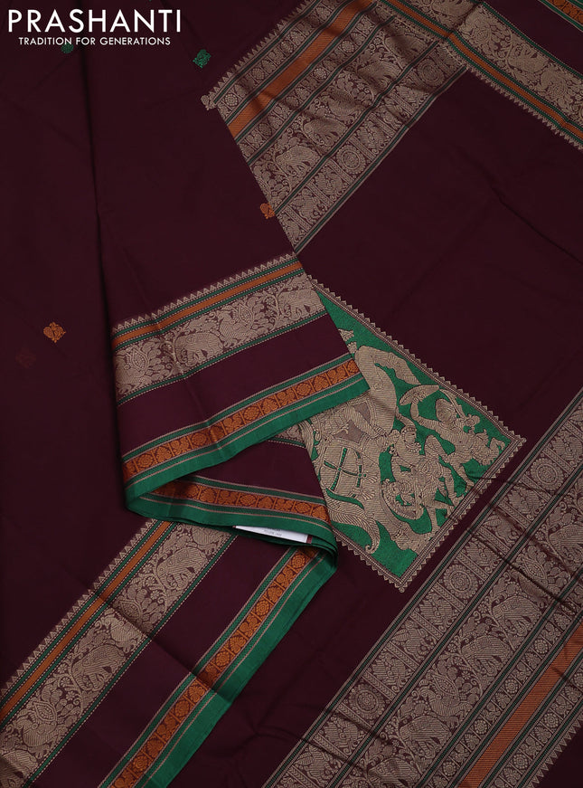 Kanchi cotton saree wine shade and green with thread woven buttas and rettapet thread woven border