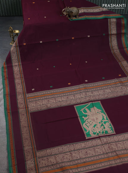 Kanchi cotton saree wine shade and green with thread woven buttas and rettapet thread woven border