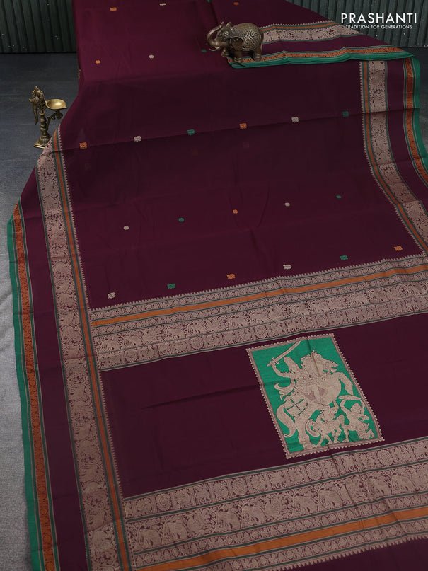 Kanchi cotton saree wine shade and green with thread woven buttas and rettapet thread woven border
