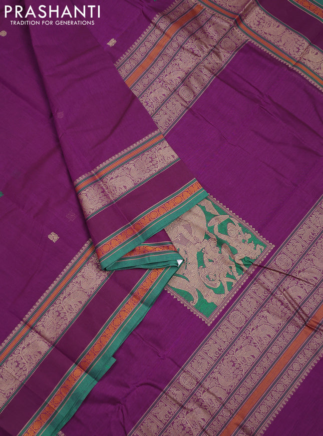 Kanchi cotton saree purple and green with thread woven buttas and rettapet thread woven border