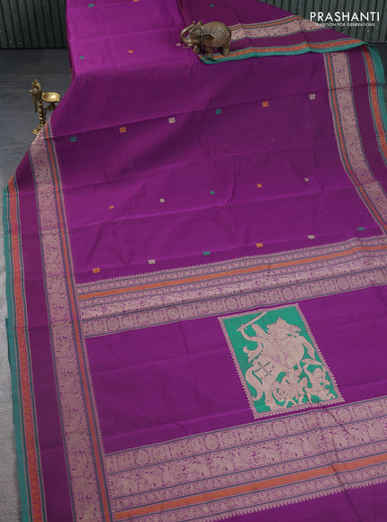 Kanchi cotton saree purple and green with thread woven buttas and rettapet thread woven border