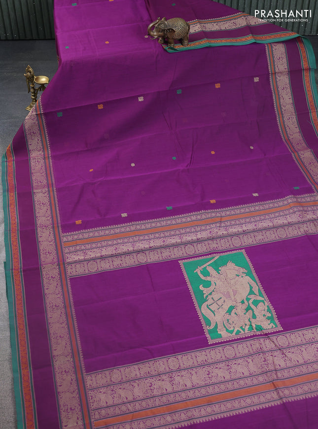 Kanchi cotton saree purple and green with thread woven buttas and rettapet thread woven border