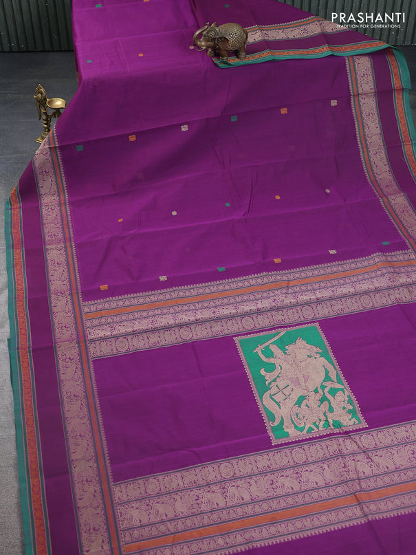 Kanchi cotton saree purple and green with thread woven buttas and rettapet thread woven border