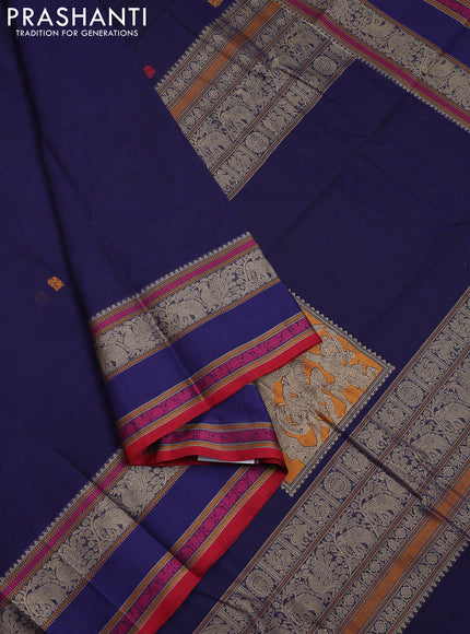 Kanchi cotton saree blue and red with thread woven buttas and rettapet thread woven border