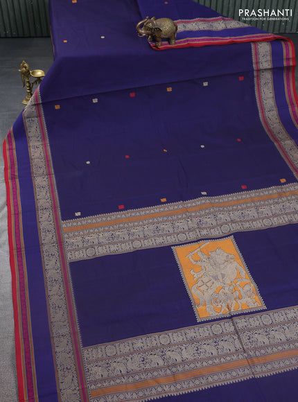 Kanchi cotton saree blue and red with thread woven buttas and rettapet thread woven border