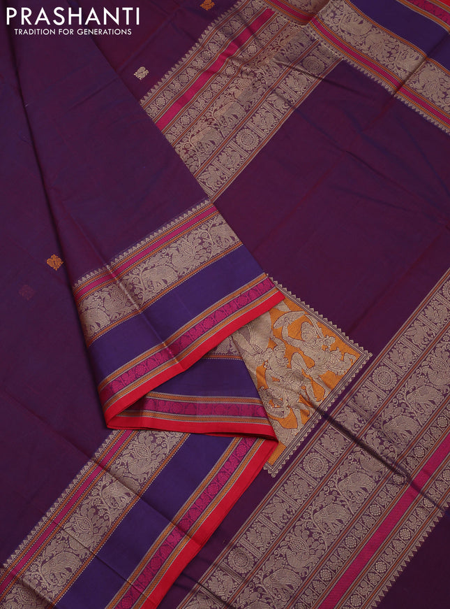 Kanchi cotton saree purple and red with thread woven buttas and rettapet thread woven border