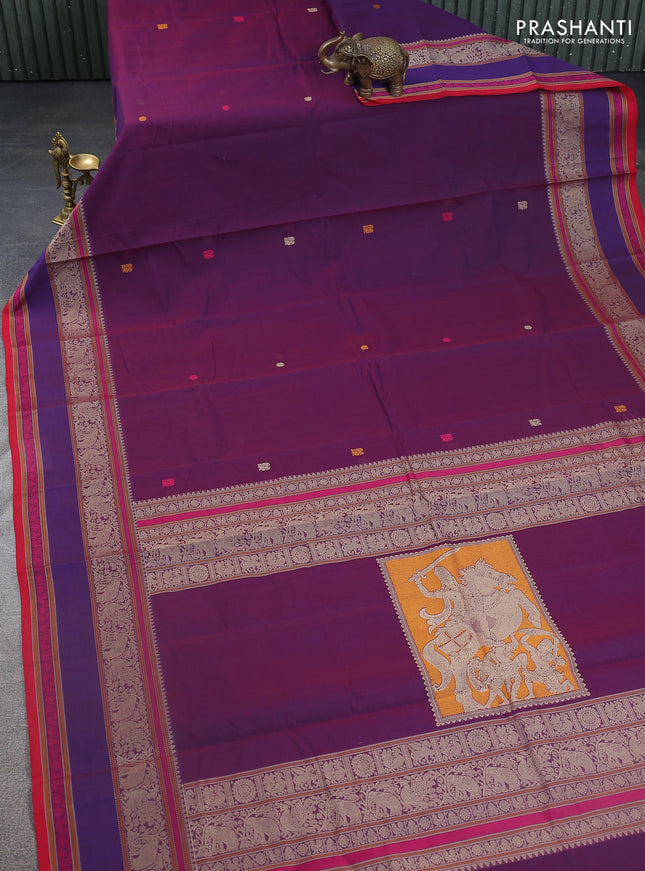 Kanchi cotton saree purple and red with thread woven buttas and rettapet thread woven border