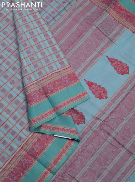 Kanchi cotton saree pastel blue with allover checked pattern & buttas and thread woven border