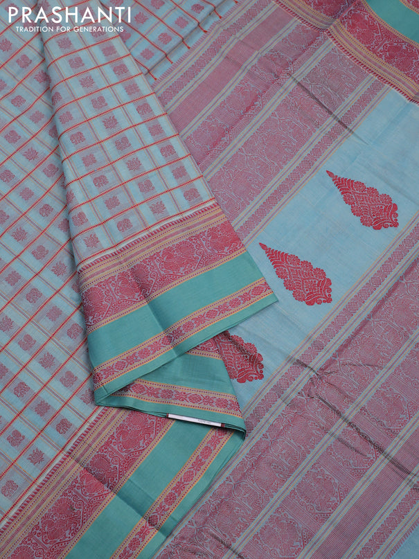 Kanchi cotton saree pastel blue with allover checked pattern & buttas and thread woven border