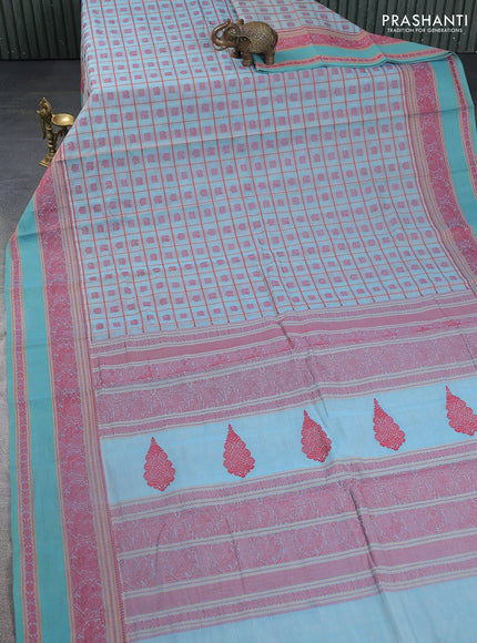 Kanchi cotton saree pastel blue with allover checked pattern & buttas and thread woven border