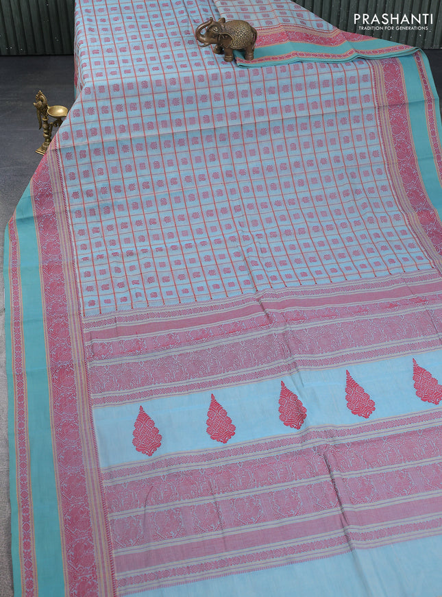 Kanchi cotton saree pastel blue with allover checked pattern & buttas and thread woven border