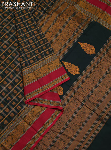 Kanchi cotton saree bottle green and maroon with allover checked pattern & buttas and thread woven border