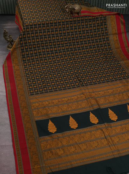 Kanchi cotton saree bottle green and maroon with allover checked pattern & buttas and thread woven border