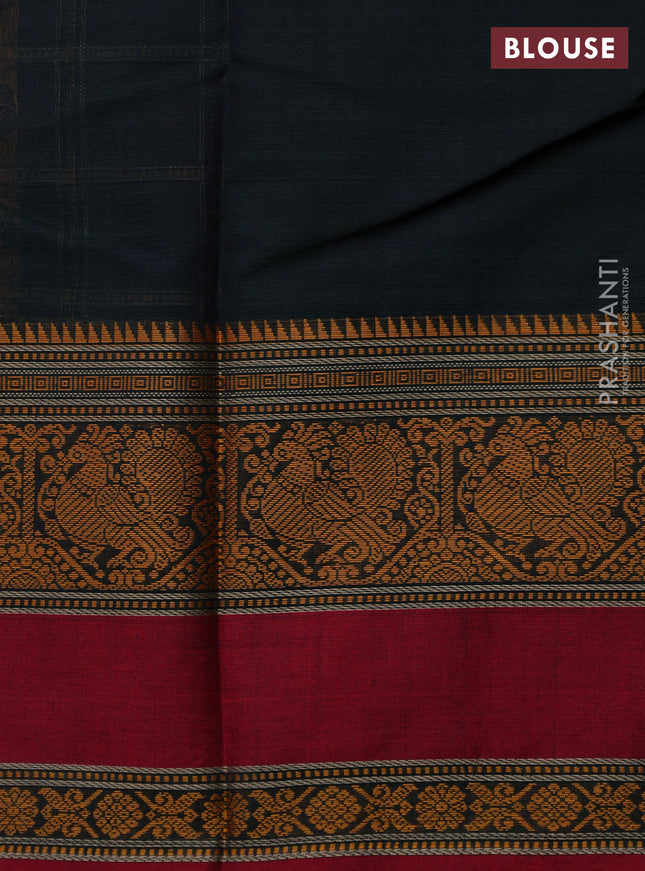 Kanchi cotton saree bottle green and maroon with allover checked pattern & buttas and thread woven border