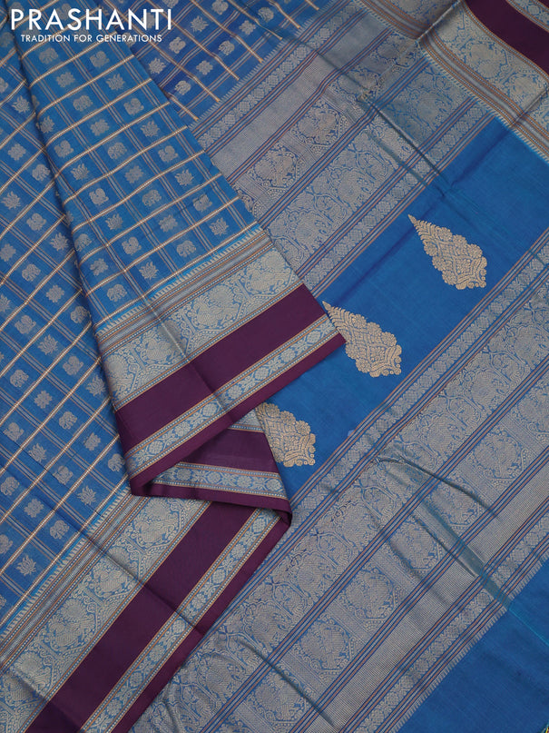 Kanchi cotton saree cs blue and wine shade with allover checked pattern & buttas and thread woven border
