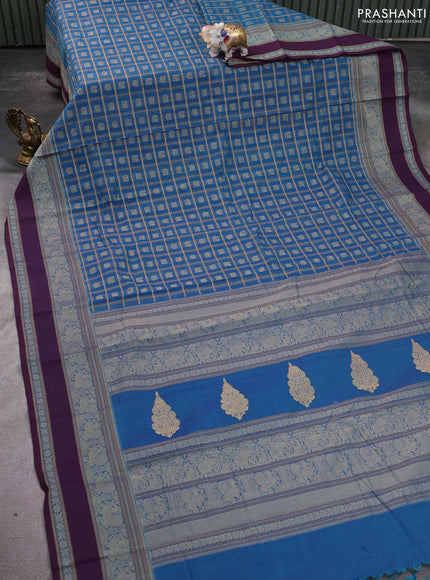 Kanchi cotton saree cs blue and wine shade with allover checked pattern & buttas and thread woven border