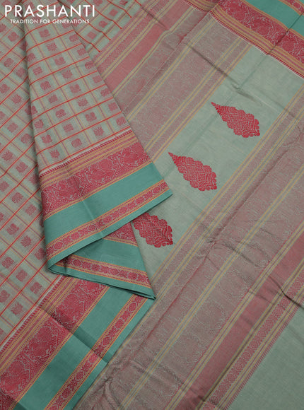 Kanchi cotton saree pastel green with allover checked pattern & buttas and rettapet thread woven border