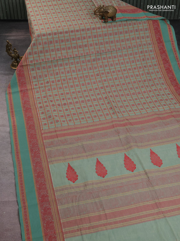 Kanchi cotton saree pastel green with allover checked pattern & buttas and rettapet thread woven border