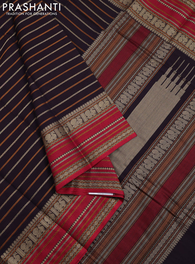 Kanchi cotton saree wine shade and pink with allover thread woven stripes pattern and thread woven border