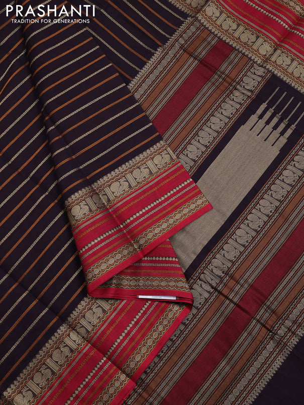 Kanchi cotton saree wine shade and pink with allover thread woven stripes pattern and thread woven border