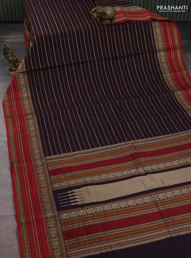 Kanchi cotton saree wine shade and pink with allover thread woven stripes pattern and thread woven border