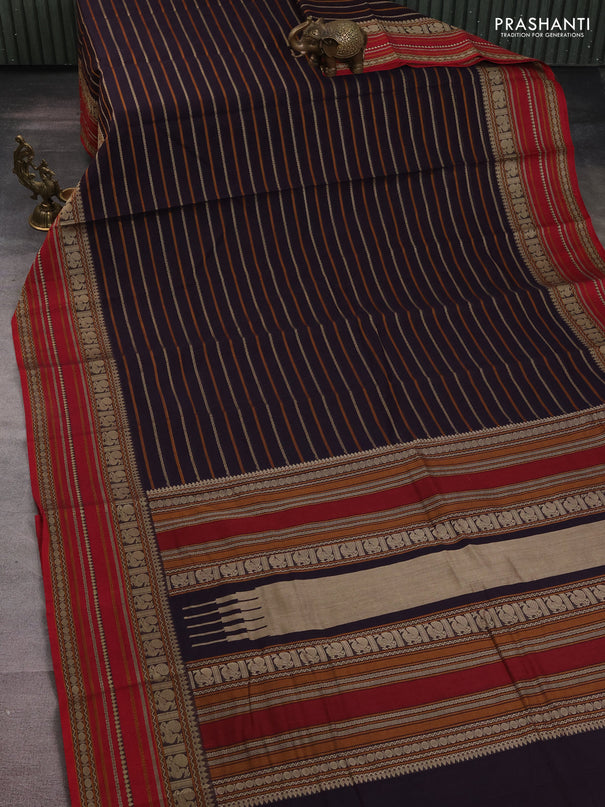 Kanchi cotton saree wine shade and pink with allover thread woven stripes pattern and thread woven border