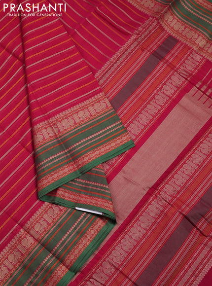 Kanchi cotton saree pink and green with allover thread woven stripes pattern and thread woven border