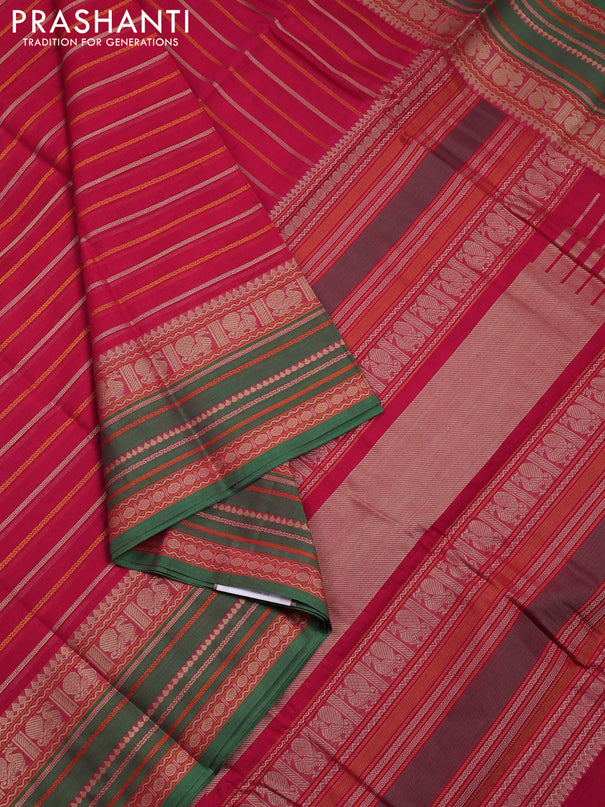 Kanchi cotton saree pink and green with allover thread woven stripes pattern and thread woven border
