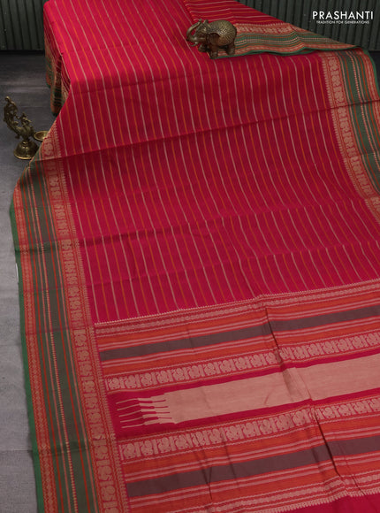 Kanchi cotton saree pink and green with allover thread woven stripes pattern and thread woven border