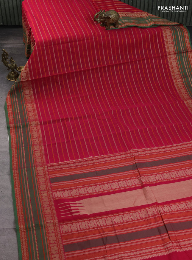 Kanchi cotton saree pink and green with allover thread woven stripes pattern and thread woven border