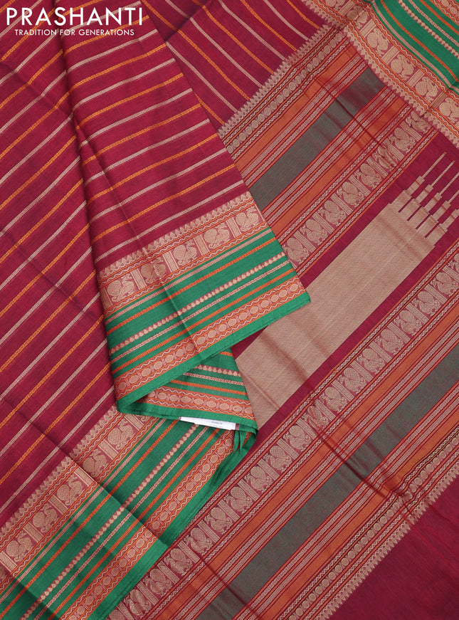Kanchi cotton saree maroon and green with allover thread woven stripes pattern and thread woven border