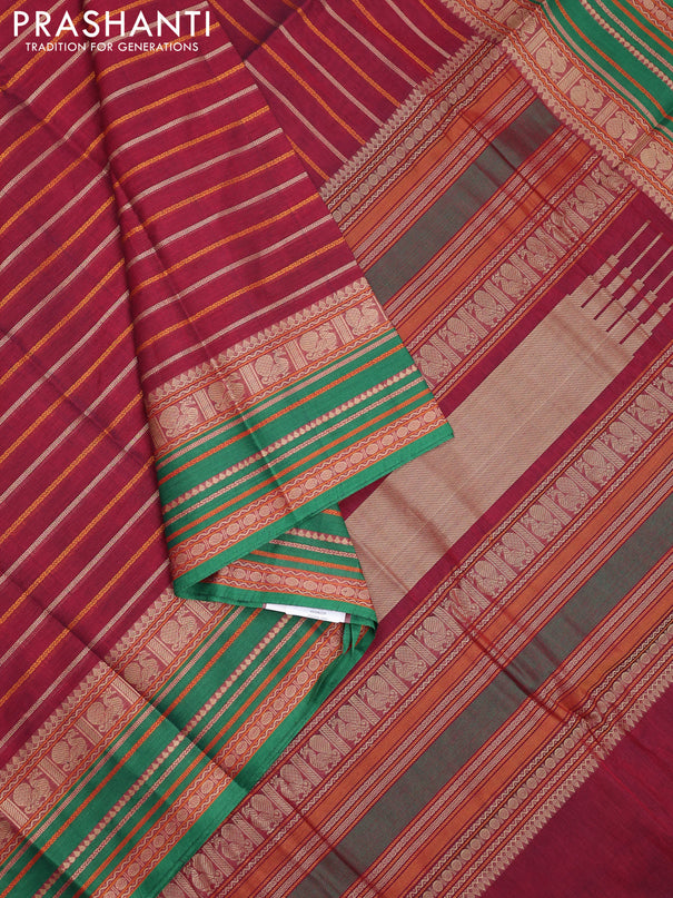 Kanchi cotton saree maroon and green with allover thread woven stripes pattern and thread woven border