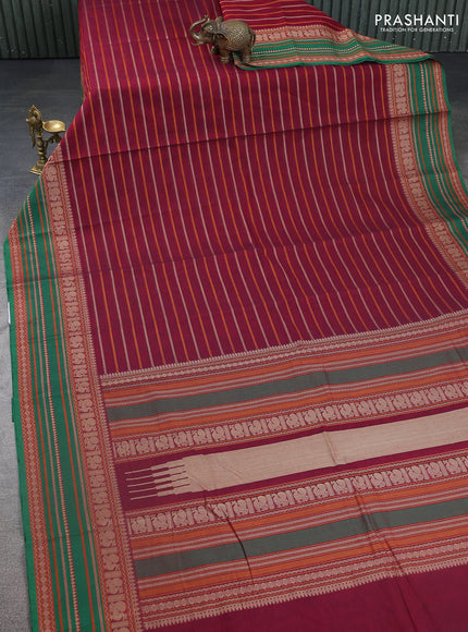 Kanchi cotton saree maroon and green with allover thread woven stripes pattern and thread woven border