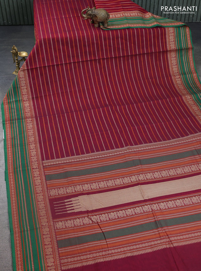 Kanchi cotton saree maroon and green with allover thread woven stripes pattern and thread woven border