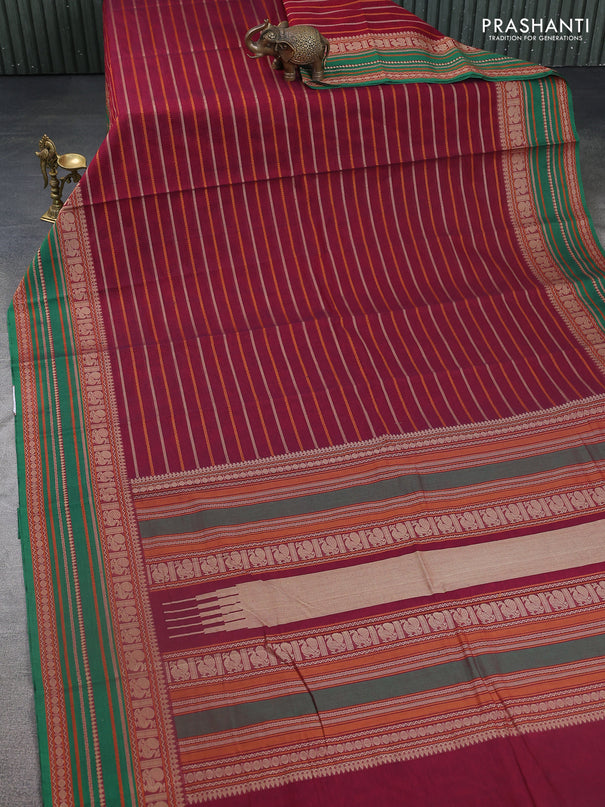 Kanchi cotton saree maroon and green with allover thread woven stripes pattern and thread woven border