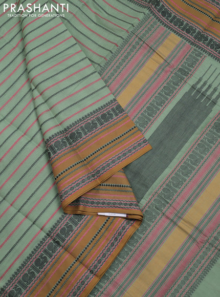 Kanchi cotton saree pastel green and dark mustard with allover thread woven stripes pattern and thread woven border