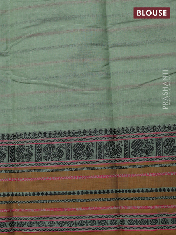Kanchi cotton saree pastel green and dark mustard with allover thread woven stripes pattern and thread woven border