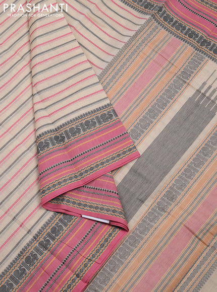 Kanchi cotton saree cream and pink with allover thread woven stripes pattern and thread woven border