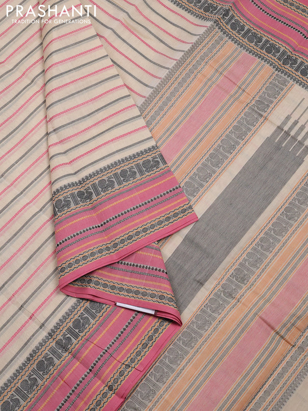 Kanchi cotton saree cream and pink with allover thread woven stripes pattern and thread woven border