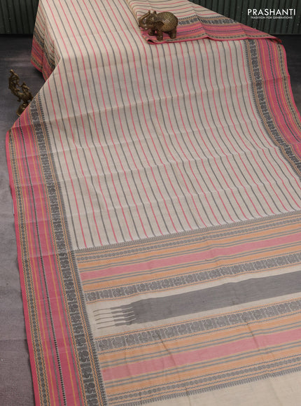 Kanchi cotton saree cream and pink with allover thread woven stripes pattern and thread woven border