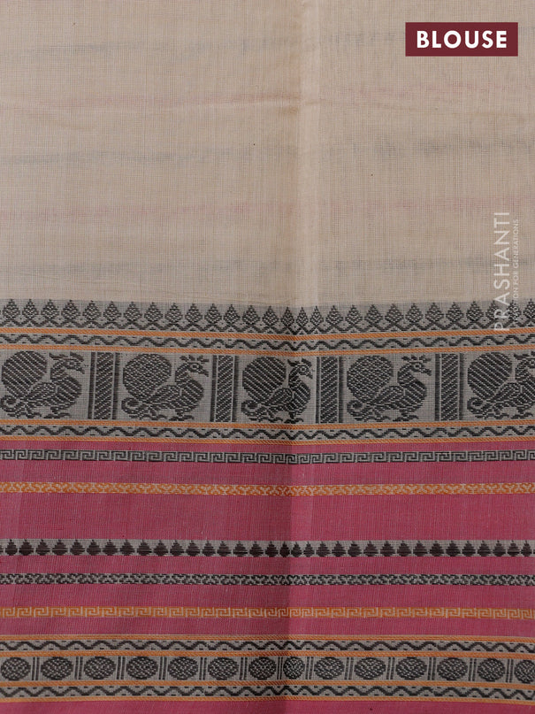 Kanchi cotton saree cream and pink with allover thread woven stripes pattern and thread woven border