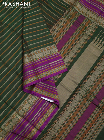 Kanchi cotton saree green and purple with allover thread woven stripes pattern and thread woven border