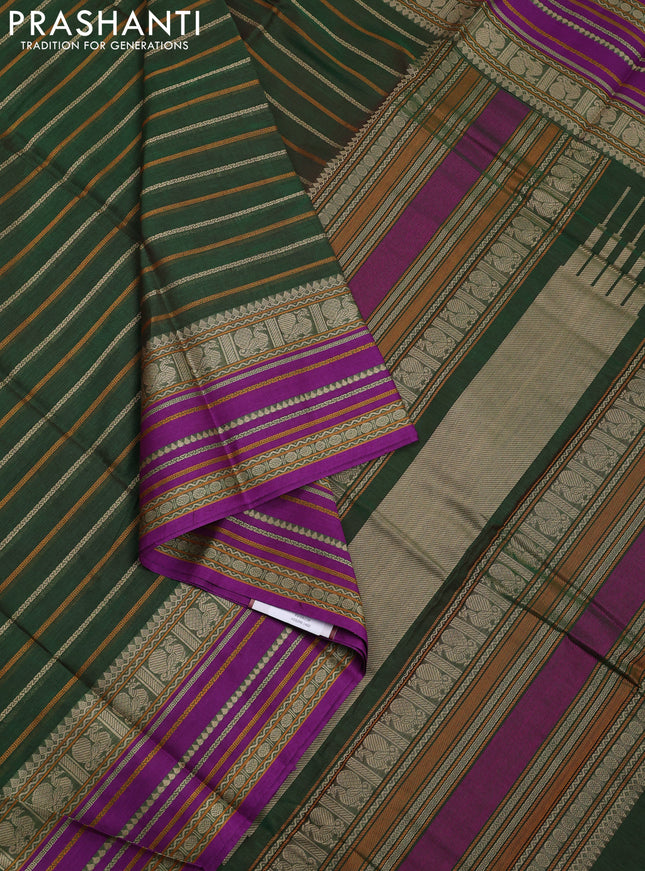 Kanchi cotton saree green and purple with allover thread woven stripes pattern and thread woven border