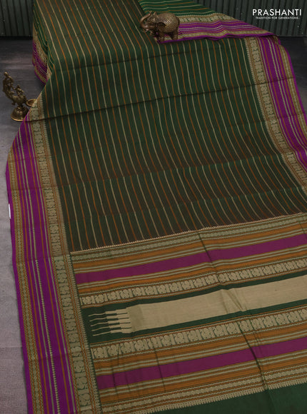 Kanchi cotton saree green and purple with allover thread woven stripes pattern and thread woven border