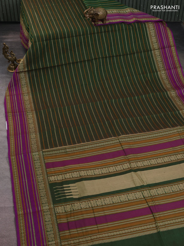 Kanchi cotton saree green and purple with allover thread woven stripes pattern and thread woven border